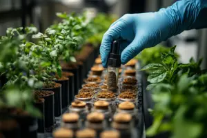 Estudiante de biotecnología analiza alimentos. Obtén tu titulación y mejora tus oportunidades laborales.