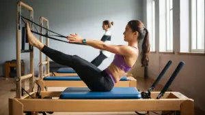 Pilates instructor teaches a group. Obtén tu titulación y mejora tu empleabilidad.